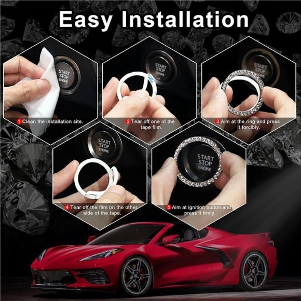 Car Start Button Bling Rhinestone Diamond Engine Button Ring 2-Pack Pink - Picture 3 of 7